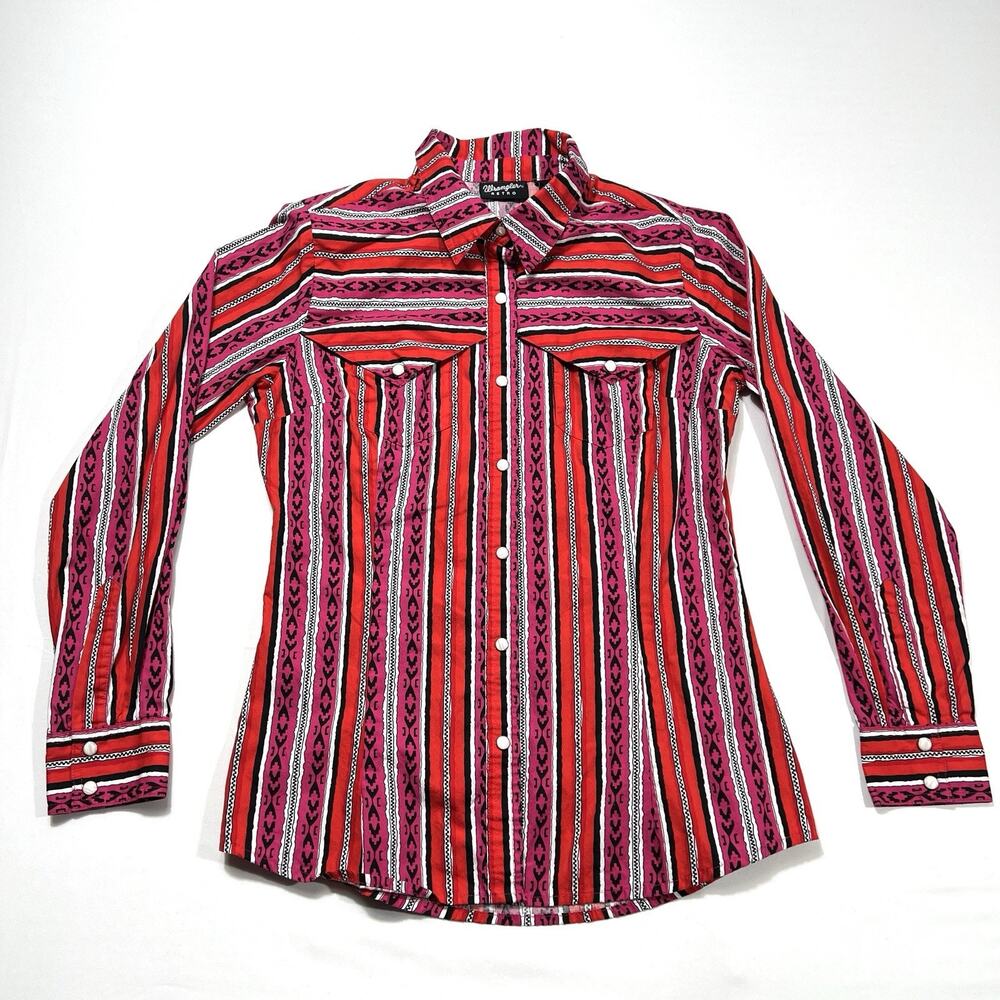 Wrangler Western Shirt Womens Small Pink Red Aztec Long Sleeve Pearl Snap